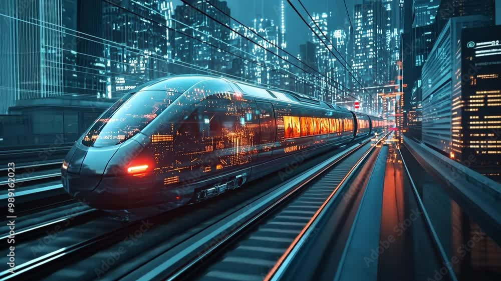 A futuristic train journey across a digitized landscape, where augmented reality windows display scenes from different time periods. A futuristic train journey across a digitized landscape, where augmented reality windows display scenes from different time periods.