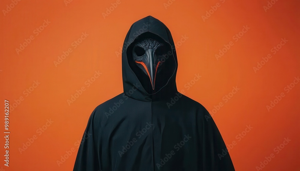 Plague doctor costume, beaked mask, black cloak, eerie presence, 3D illustration ,closes up Plague doctor costume, beaked mask, black cloak, eerie presence, 3D illustration ,closes up