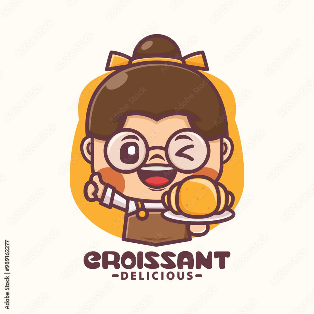 Fototapeta premium Cute girl croissant mascot logo template design