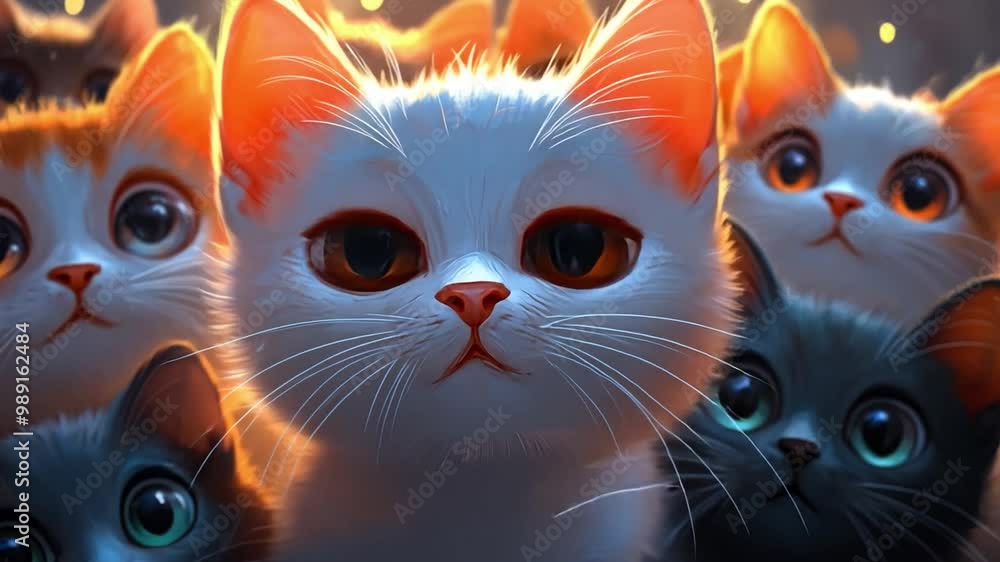 A group of cute, cartoonish cats stacked on top of each other, all looking up with big, round eyes, the colors soft and warm, creating a nurturing scene. A group of cute, cartoonish cats stacked on top of each other, all looking up with big, round eyes, the colors soft and warm, creating a nurturing scene.