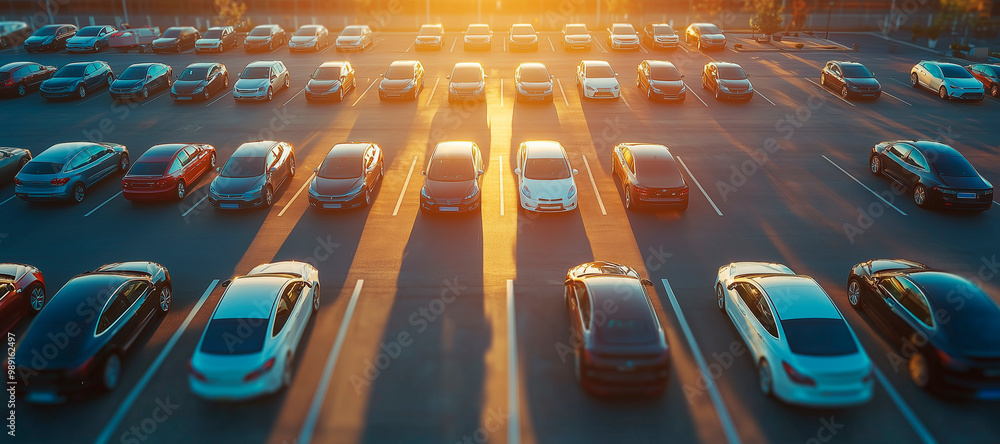 Fototapeta premium Car parked at outdoor parking lot. Used car for sale and rental service. Car insurance background. Automobile parking area. Car dealership and dealer agent concept. Automotive industry. Electric auto