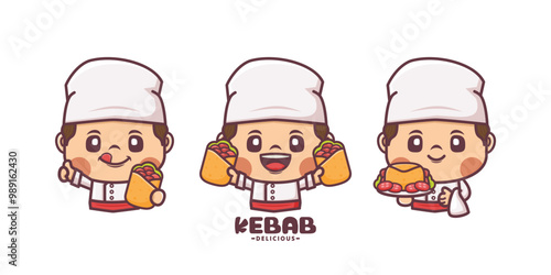 set of chef with kebab cartoon character design
