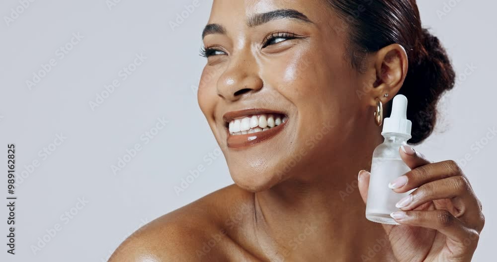 Skincare, beauty and happy woman with serum bottle for face glow isolated on white studio background. Portrait, cosmetic product or model with hyaluronic acid for collagen, essential oil and laughing Skincare, beauty and happy woman with serum bottle for face glow isolated on white studio background. Portrait, cosmetic product or model with hyaluronic acid for collagen, essential oil and laughing