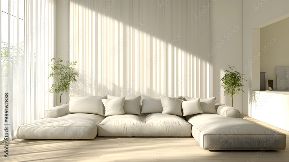 Cozy and inviting modern living room with a large comfortable sectional sofa minimalist stylish decor and bright natural light filtering through sheer curtains Cozy and inviting modern living room with a large comfortable sectional sofa minimalist stylish decor and bright natural light filtering through sheer curtains