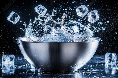 Ice Cubes Splashing in a Metal Bowl