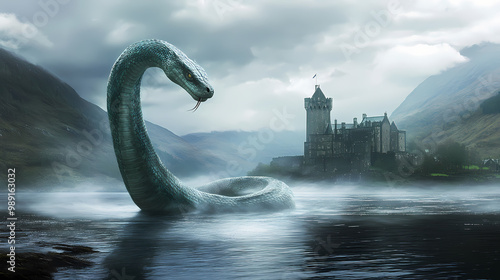 A famous mysterious creature called nessie lives in loch ness, a lake in scotland. it's often seen rising from the water, with a castle standing tall in the background. Sea Serpent. Illustration photo