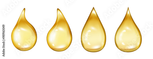 Oil drops. Vector isolated honey globule falling, gasoline golden droplet collection. Gold capsule of liquid vitamin, dripping lotion. Shiny fluid amber colored dews of fuel or collagen production