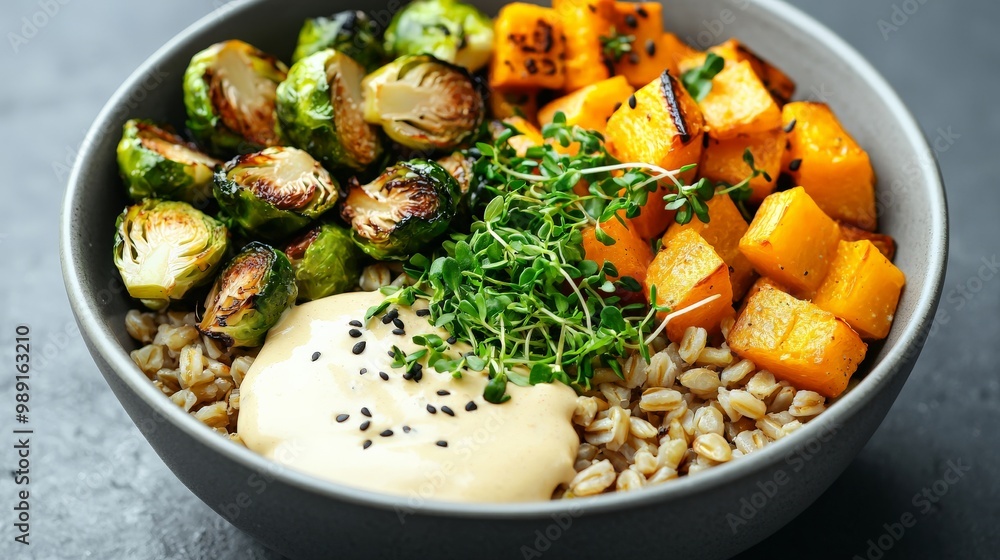 A wholesome grain bowl with farro, roasted brussels sprouts, butternut squash, and a lemon tahini dressing A wholesome grain bowl with farro, roasted brussels sprouts, butternut squash, and a lemon tahini dressing