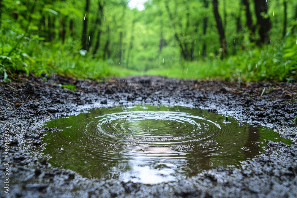 Fototapeta premium Rain Droplet Ripples in a Puddle on a Forest Path