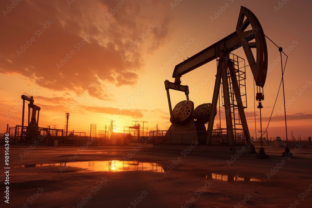 The oil pump jack is located in an industrial area with a beautiful sunset in the background. Generative AI The oil pump jack is located in an industrial area with a beautiful sunset in the background. Generative AI