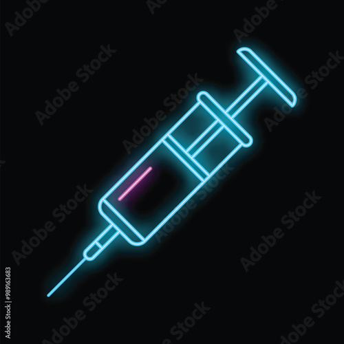 Bright neon syringe glowing on black background representing a concept related to medicine, healthcare, vaccination or drug addiction