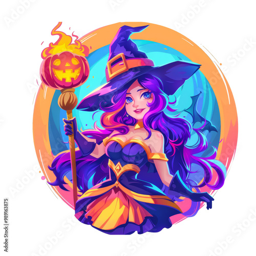 A beautiful witch with long purple hair wearing a black dress and a witch's hat, holding a flaming pumpkin staff. photo