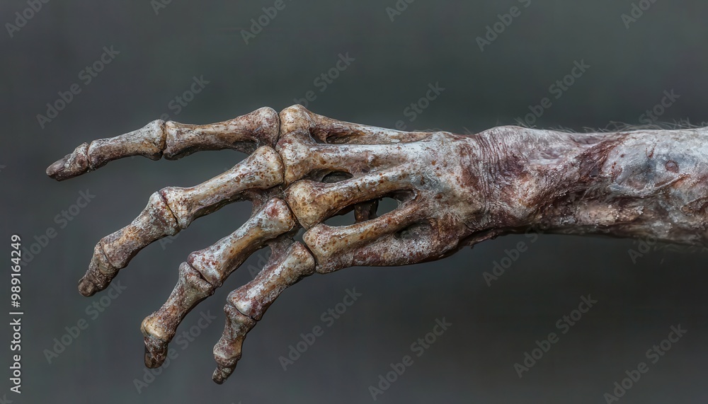 Detailed shot of a rotting zombie hand with peeling skin and exposed bones, Gothic horror, muted colors, textured and decayed. ,closes up Detailed shot of a rotting zombie hand with peeling skin and exposed bones, Gothic horror, muted colors, textured and decayed. ,closes up