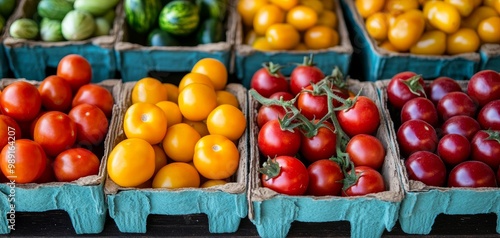 A vibrant display of fresh tomatoes and assorted vegetables arranged in colorful baskets at a farmer's market, showcasing the bounty of seasonal produce.