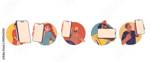 Isolated Vector Round Icons Or Avatars With Cartoon Characters Holding A Mobile Phones With Blank Screens