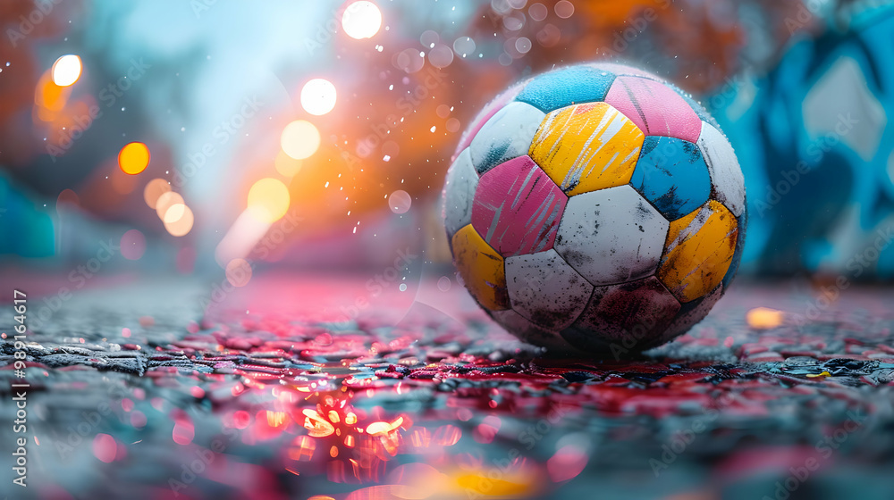 Fototapeta premium Colorful Soccer Ball on Wet Pavement with Bokeh Lights