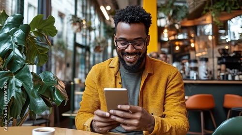 Modern Men African American Making a Secure Online Purchase via Smartphone in Vibrant Coffee Shop Setting