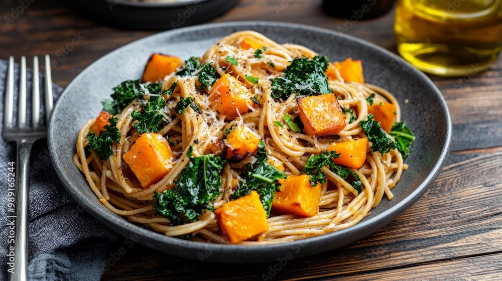 A warm, cozy plate of whole wheat pasta with roasted butternut squash, kale, and a garlic olive oil sauce A warm, cozy plate of whole wheat pasta with roasted butternut squash, kale, and a garlic olive oil sauce