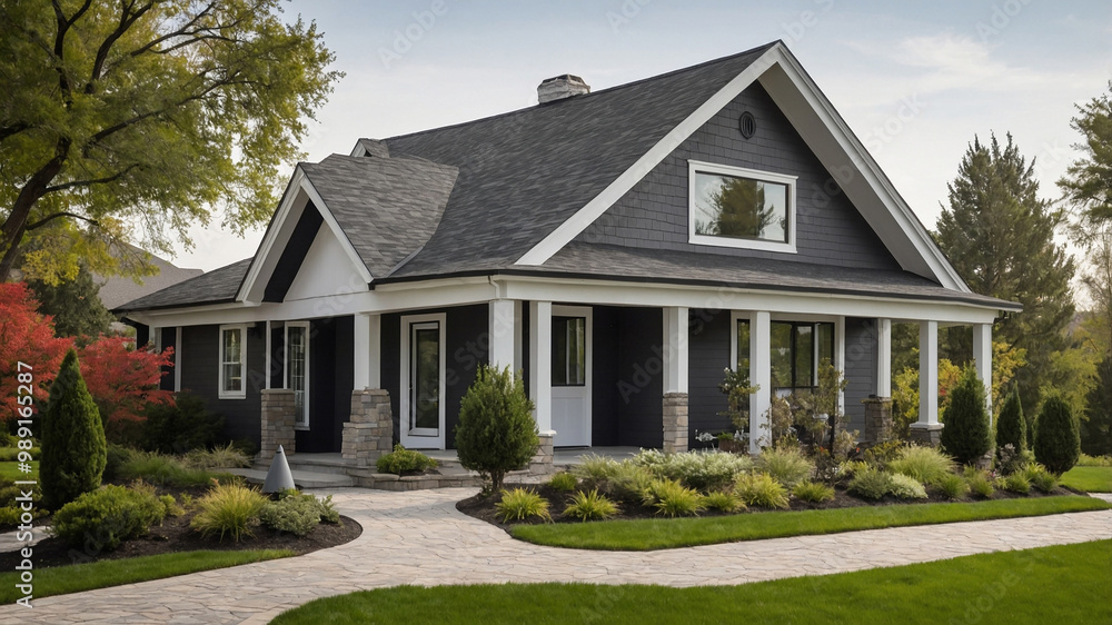 Modern single-story house with white exterior and landscaped front yard featuring lush green lawn. Modern single-story house with white exterior and landscaped front yard featuring lush green lawn.