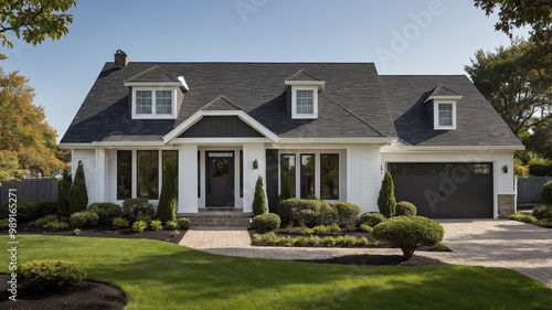 Modern single-story house with white exterior and landscaped front yard featuring lush green lawn.