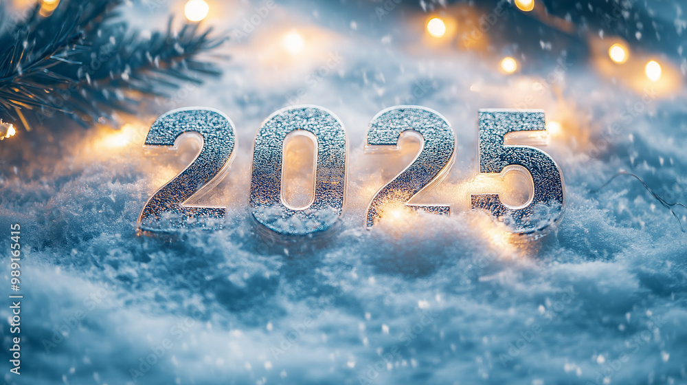 Text 2025 in the form of glowing lights of garlands on the snow. Concept of celebrating the New Year. Festive atmosphere and holidays. Text 2025 in the form of glowing lights of garlands on the snow. Concept of celebrating the New Year. Festive atmosphere and holidays.