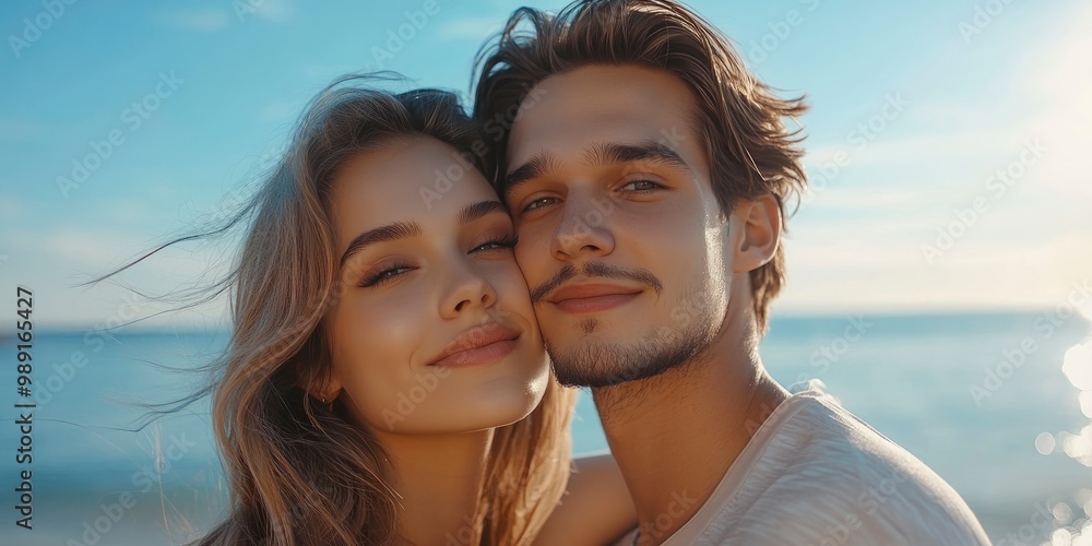 Close up portrait of young man and woman model couple on the beach feeling lovely Close up portrait of young man and woman model couple on the beach feeling lovely