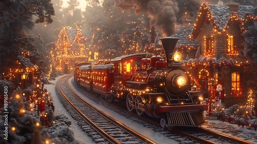 Santa's christmas train rolling through snowy village surrounded by christmas lights and decorated houses vibrant holiday card concept with festive winter atmosphere