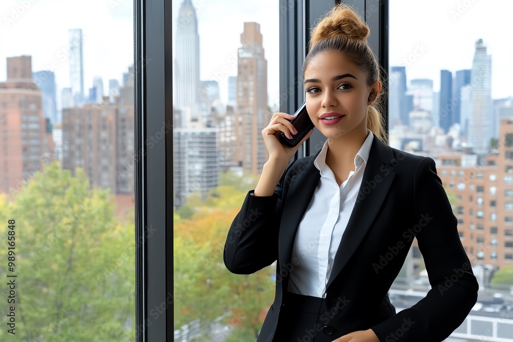 A businesswoman talking on the phone, standing near a window with the city skyline visible behind her A businesswoman talking on the phone, standing near a window with the city skyline visible behind her