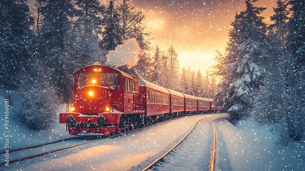 Santa's christmas train surrounded snowcovered trees and falling snowflakes traditional holiday card concept with festive red and green colors joyful winter celebration scene Santa's christmas train surrounded snowcovered trees and falling snowflakes traditional holiday card concept with festive red and green colors joyful winter celebration scene