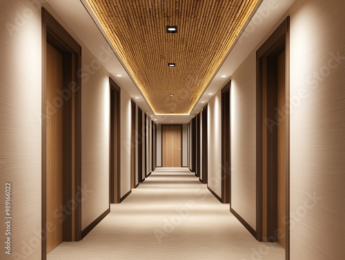 Modern hotel corridor with wooden accents