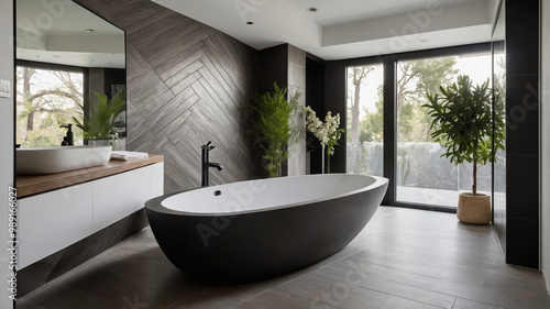 Modern bathroom with white tub, large windows, plants and wooden accents creating a serene environment.