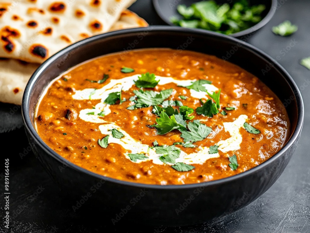 A warm bowl of Indian dal makhani with butter and cream, garnished with cilantro and served with garlic naan A warm bowl of Indian dal makhani with butter and cream, garnished with cilantro and served with garlic naan