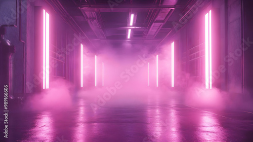 Neon Lights in a Foggy Corridor - 3D Illustration