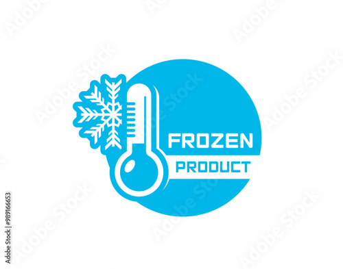 Frozen food product icon of blue ice crystal or snowflake with thermometer, vector symbol. Frozen product label with snowflake for fresh refrigerated meat, fish seafood or cold food package label