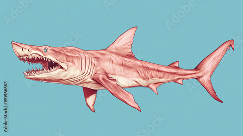 A scientific illustration of a goblin shark, detailed with anatomical labels, against a clear blue background for academic or informational use , pop art style. Goblin. Illustration photo