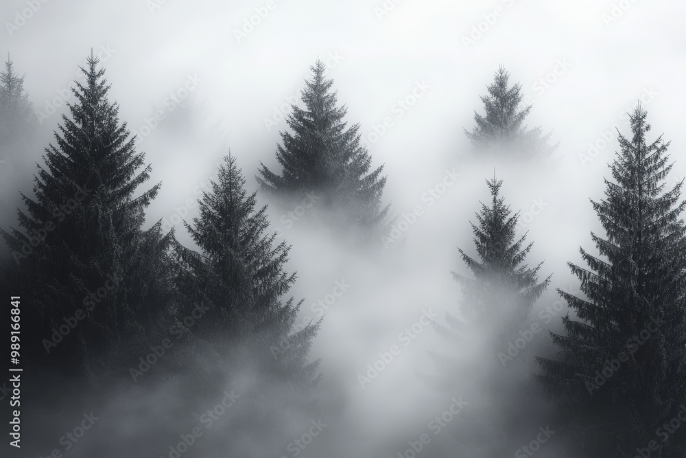 A misty forest scene with tall, dark pine trees shrouded in fog against a white background.
A misty forest scene with tall, dark pine trees shrouded in fog against a white background.