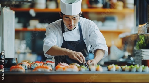 Japanese chef masterfully prepares sushi while pairing it with exquisite sake selection