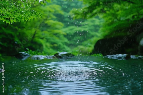 Raindrops Creating Ripples in a Still Pond Surrounded by Lush Green Foliage