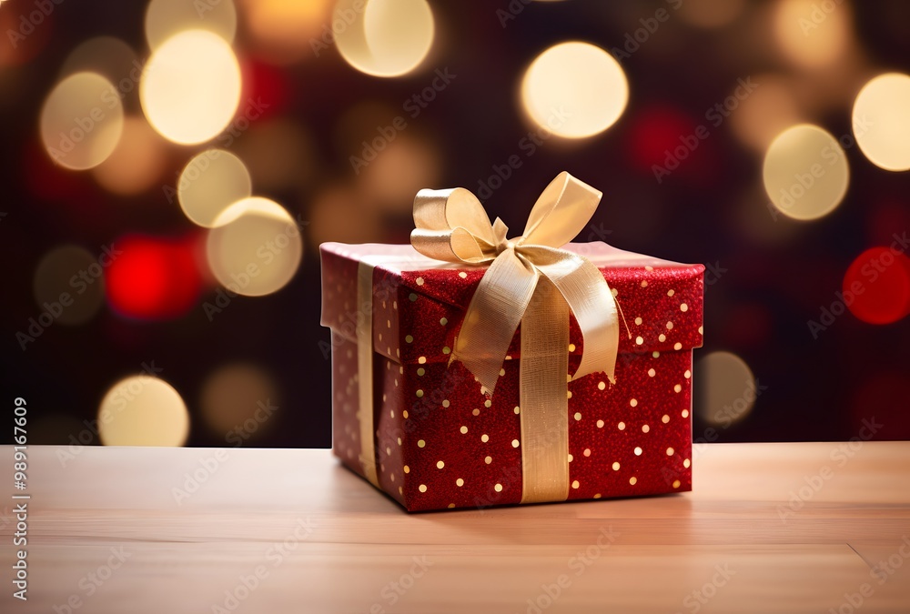 Red Gift Box with Golden Ribbon on Wooden Table Red Gift Box with Golden Ribbon on Wooden Table