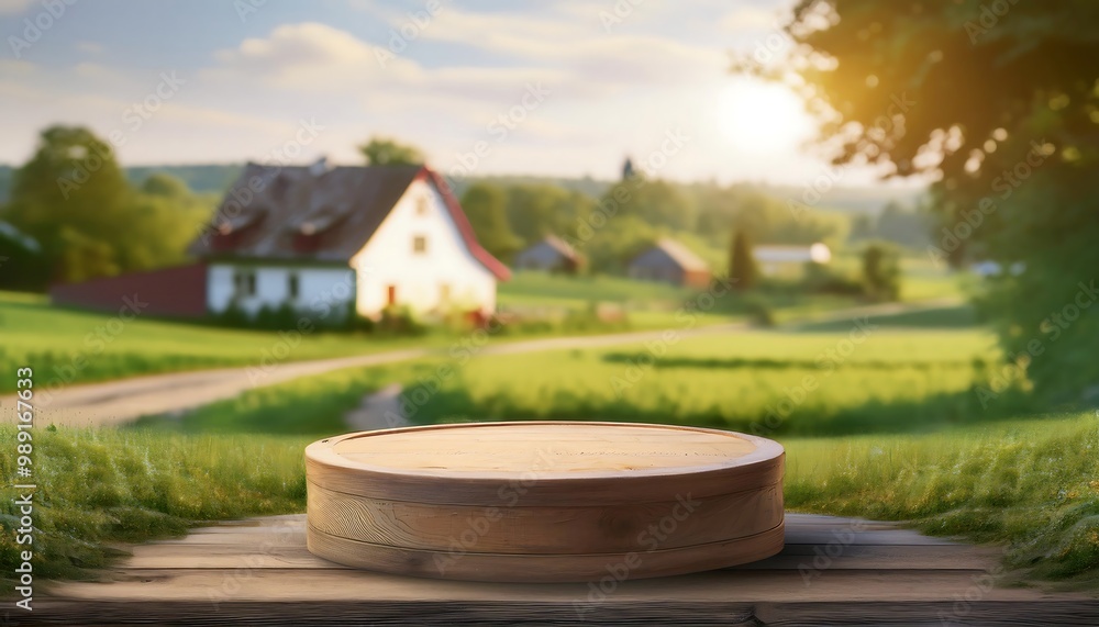 Empty podium against a green farm background for product presentation. Mockup platform with a village house and a road.
Empty podium against a green farm background for product presentation. Mockup platform with a village house and a road.