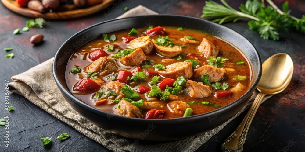 Delicious chicken and sausage gumbo soup served in a black bowl on a dark slate backdrop, traditional Louisiana Cajun cuisine with copy space Delicious chicken and sausage gumbo soup served in a black bowl on a dark slate backdrop, traditional Louisiana Cajun cuisine with copy space