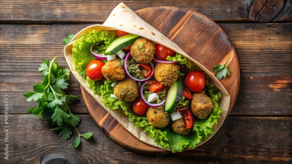 Tortilla wrap filled with falafel, fresh salad, and vegan ingredients, top view Tortilla wrap filled with falafel, fresh salad, and vegan ingredients, top view