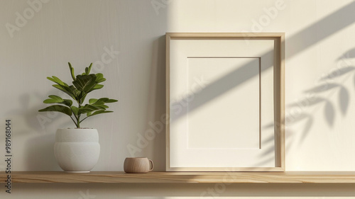 White photo frame on wooden shelf beside flower pot, set in a minimalist light brown and beige space The design emphasizes simplicity. AI generative photo