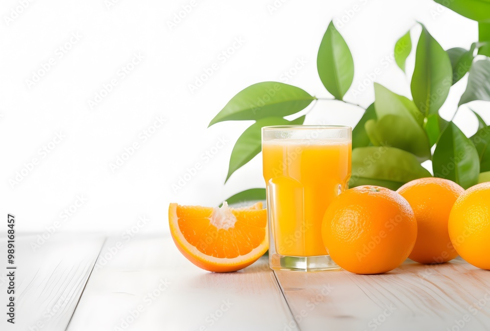 Naklejka premium Fresh Orange Juice with Oranges and Leaves