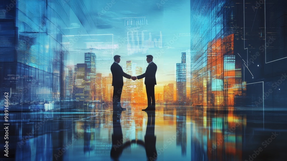 Corporate leaders from different sectors shaking hands, holographic charts showing terms, urban skyline, Modern, 3D rendering Corporate leaders from different sectors shaking hands, holographic charts showing terms, urban skyline, Modern, 3D rendering
