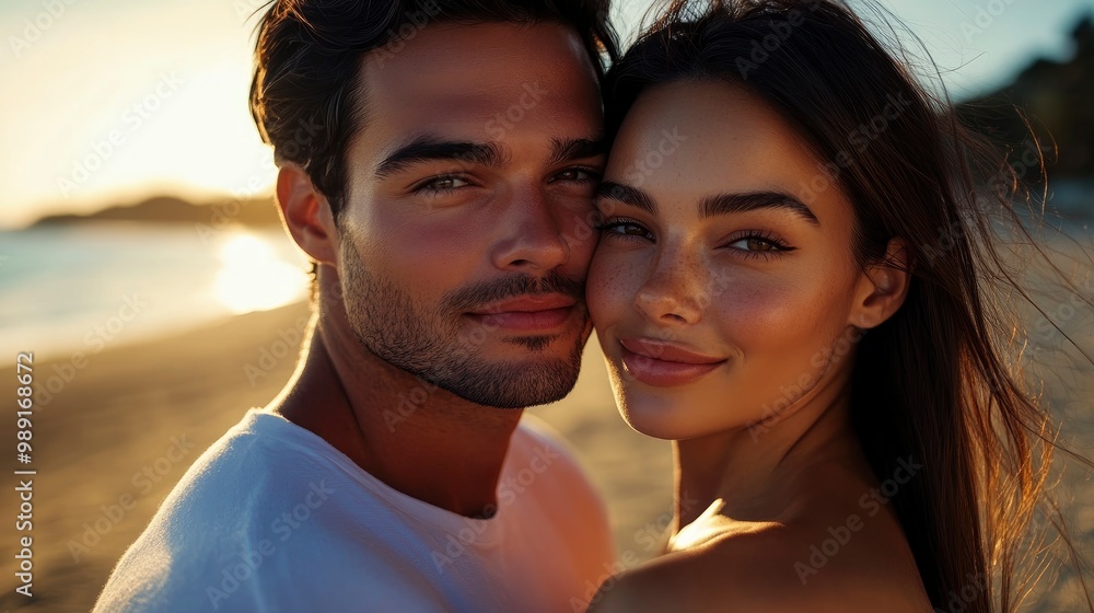 Obraz premium Close up portrait of latin man and woman model couple on the beach feeling lovely