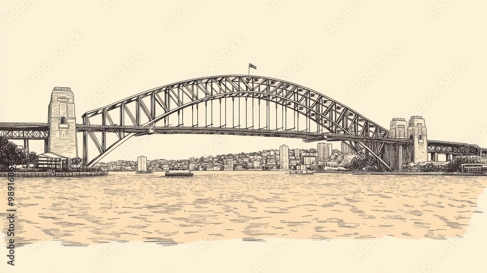 Obraz premium A handdrawn postcard of the Sydney Harbour Bridge, featuring retro fonts and sepiatoned colors