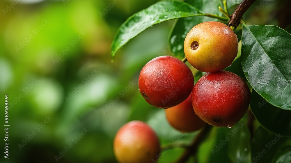 a cluster of red berries on a tree with green leaves a cluster of red berries on a tree with green leaves