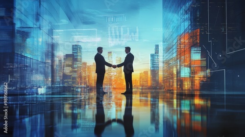 Corporate leaders from different sectors shaking hands, holographic charts showing terms, urban skyline, Modern, 3D rendering photo