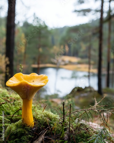 a yellow mushroom with a reflection of a pond in the background photo